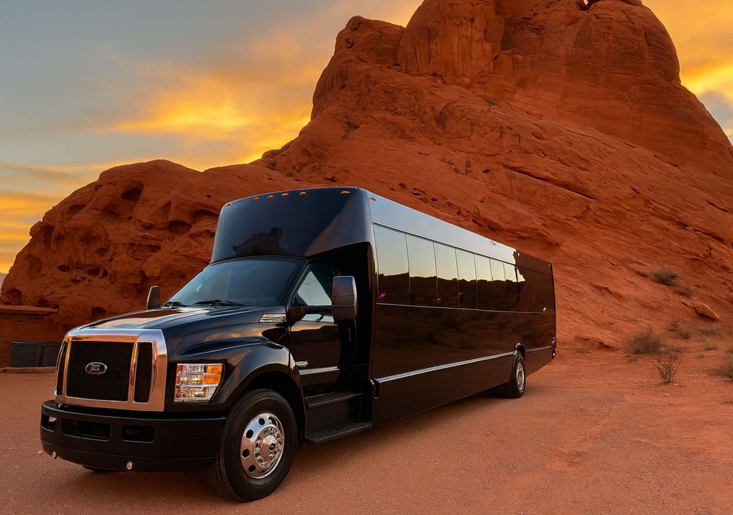 38-passenger Big Dog Las Vegas party bus parked by red rock formations at sunset — perfect for group trips and scenic tours.