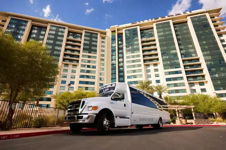 Double Up 30-passenger Las Vegas party bus with modern rear lighting, perfect for group events and Strip transportation.