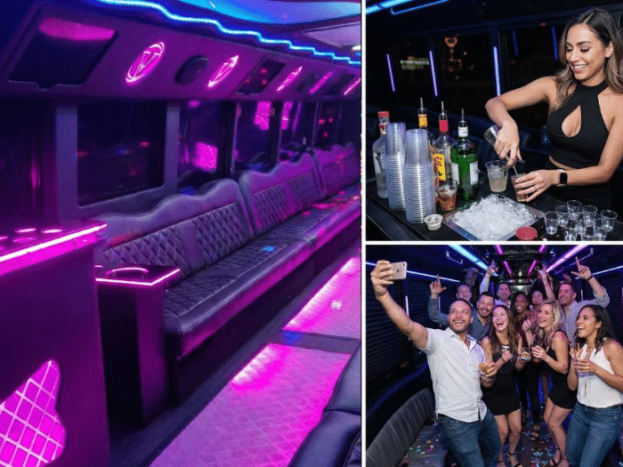 Bar setup on a Las Vegas party bus with guests celebrating