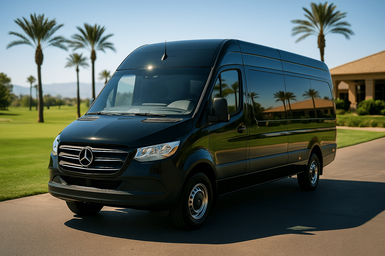 Ultra Luxury Sprinter van on a palm-lined Las Vegas golf course—ideal for corporate travel and VIP transportation.