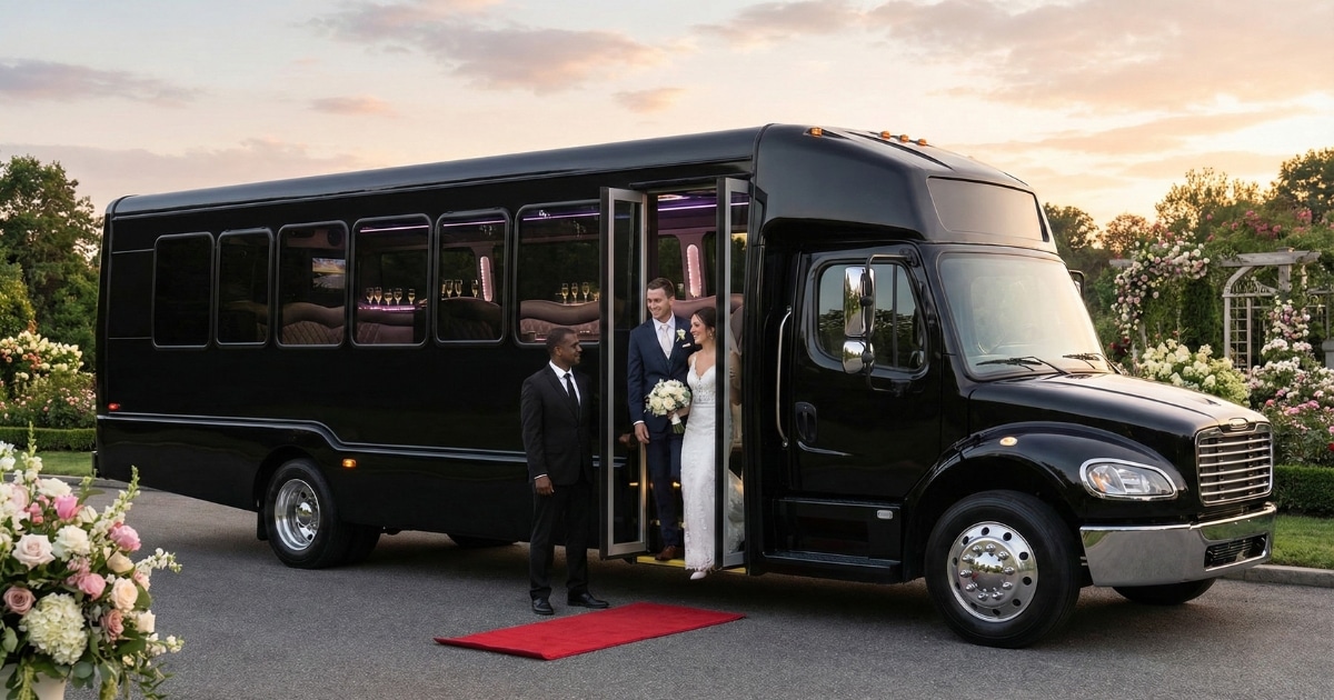 Experience VIP red carpet service with our luxury wedding party bus rentals – Reserve your date.
