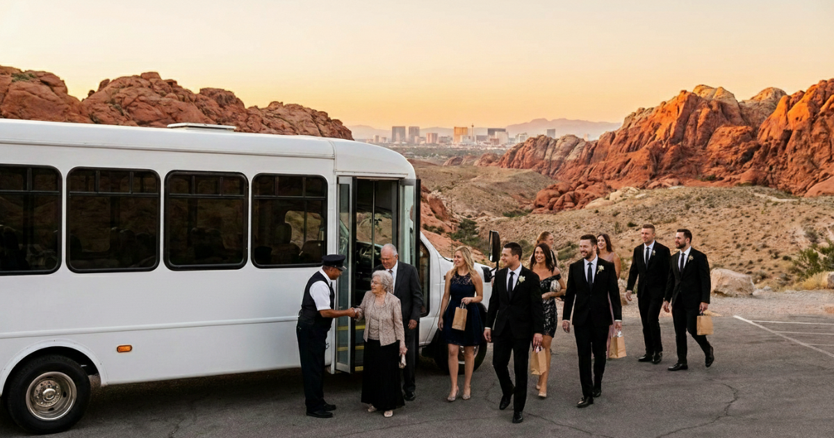 Book a private wedding shuttle for scenic Red Rock Canyon photo tours and ceremony transport.