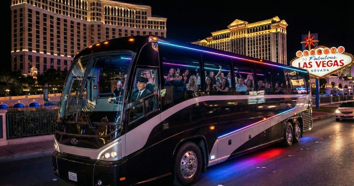 Hire our 45-passenger wedding shuttle bus "Money Bar" for reliable guest transportation on the Las Vegas Strip.