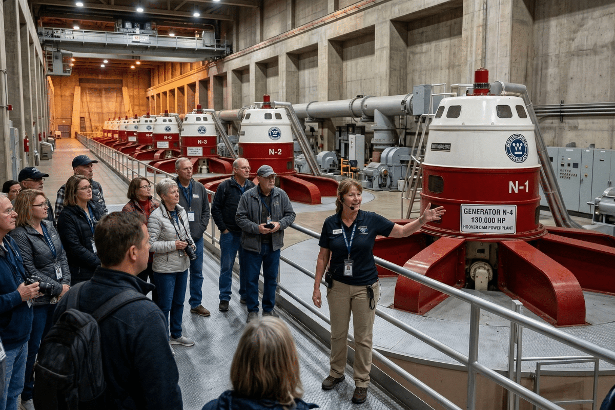 Hoover Dam power plant tour showing massive turbines and generators
