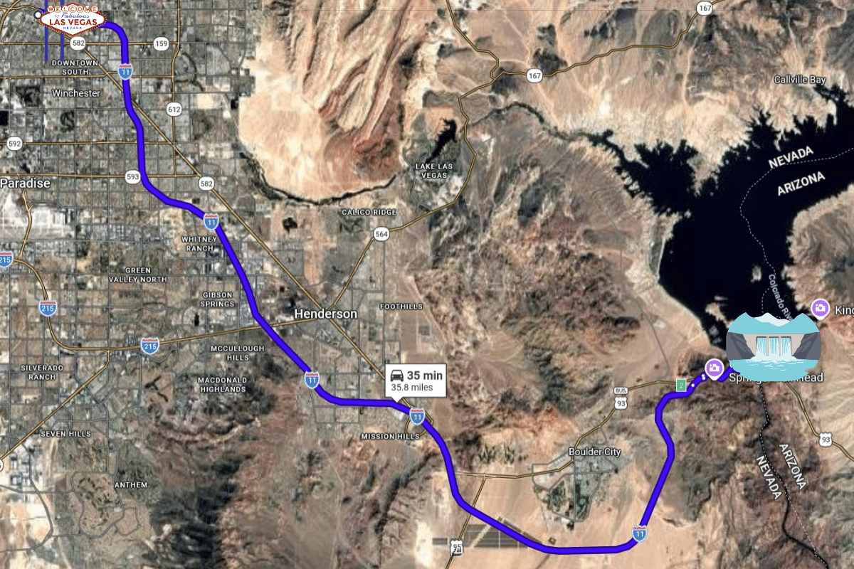 Hoover Dam tour itinerary map showing route from Las Vegas to Hoover Dam