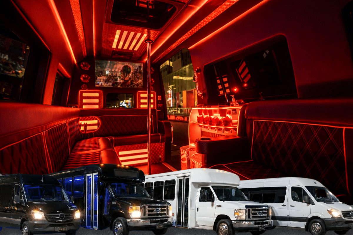 Luxury party bus interior with leather seats and neon lighting for Hoover Dam tours